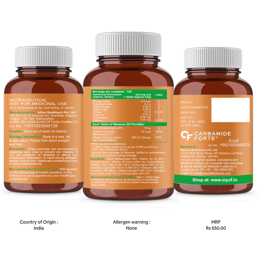 Vitamin D3+K2 | Menavon-D3 (Lichen Source With Vitamin K2 MK7) - Supports Bone Health &amp;amp; Immunity - Plant Based - Carbamide Forte - 120 Veg Tablets