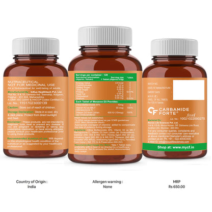 Vitamin D3+K2 | Menavon-D3 (Lichen Source With Vitamin K2 MK7) - Supports Bone Health &amp;amp; Immunity - Plant Based - Carbamide Forte - 120 Veg Tablets