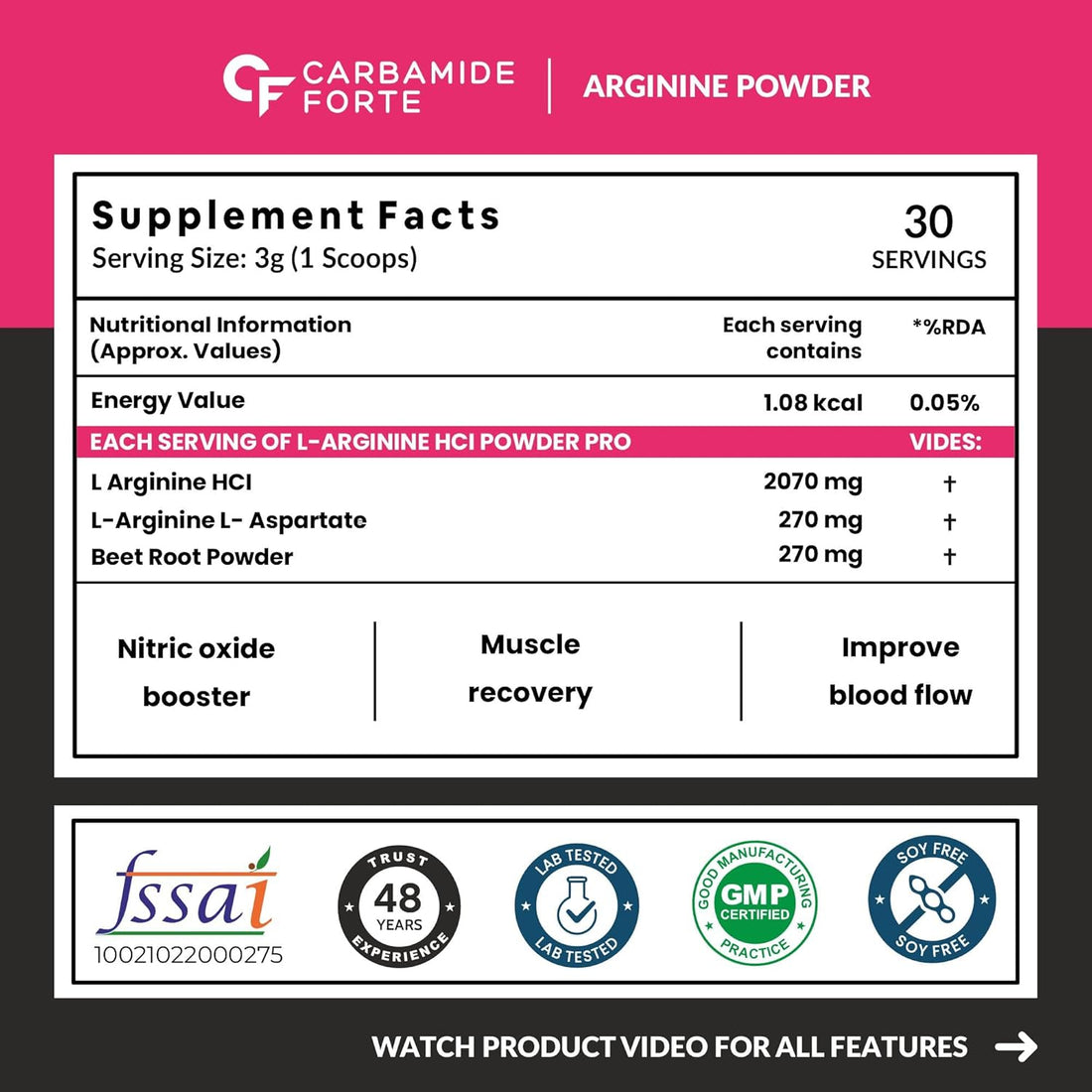 L Arginine Powder | Mix Berry (With Beetroot) - Pre Workout For Men &amp; Women - Support Lean Muscles, Strength &amp; Energy - Carbamide Forte  - 30 Serving 90gm