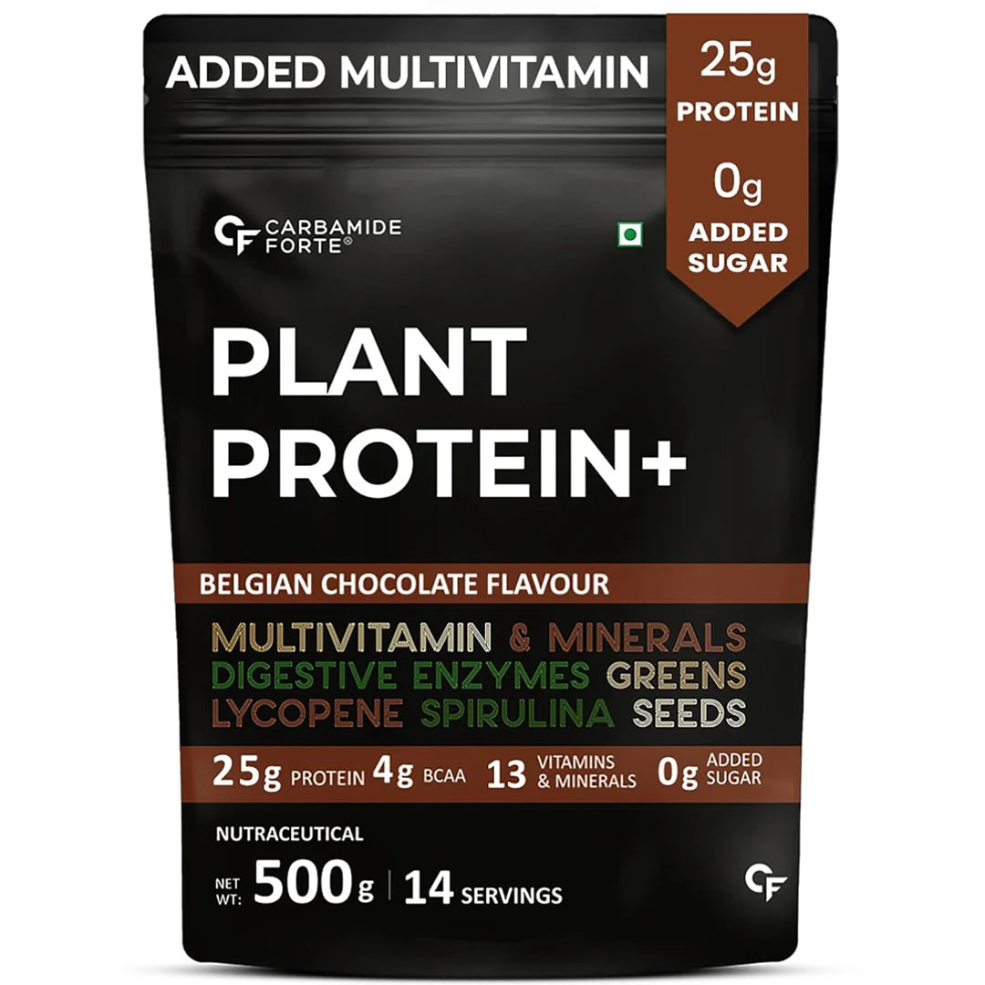 Protein Powder | Plant Based Protein Powder (With Multivitamin, Minerals, Superfoods, Pea Protein, Digestive Enzymes) - 25g Protein - Belgian Chocolate Flavour - No Added Sugar - Carbamide Forte - 500gm