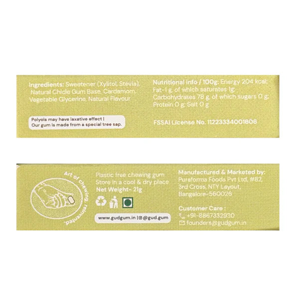 Cardamom Chewing Gum - 15 Pieces Per Pack - Natural - Vegan, Sugar Free &amp; Plastic Free - Gud Gum - 21gm