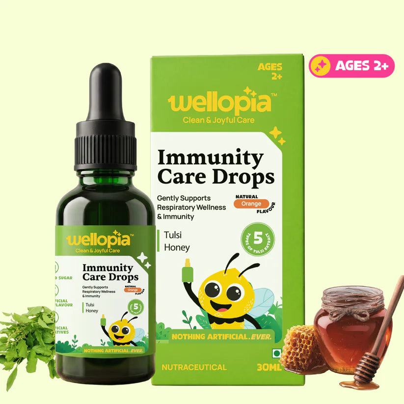Immunity Care Drops  (Ages 2+)- Made with Panch Tulsi and Honey - No Artificial Preservatives-No Refined Sugar - Natural Flavoured - Wellopia - 30ml