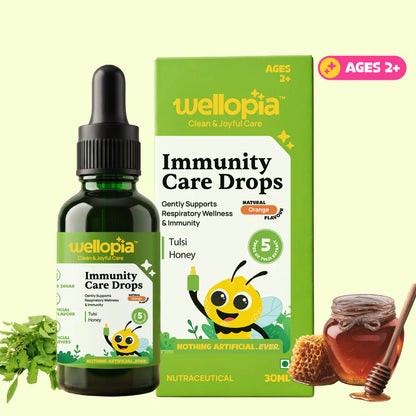 Immunity Care Drops  (Ages 2+)- Made with Panch Tulsi and Honey - No Artificial Preservatives-No Refined Sugar - Natural Flavoured - Wellopia - 30ml
