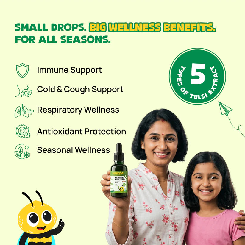 Immunity Care Drops  (Ages 2+)- Made with Panch Tulsi and Honey - No Artificial Preservatives-No Refined Sugar - Natural Flavoured - Wellopia - 30ml