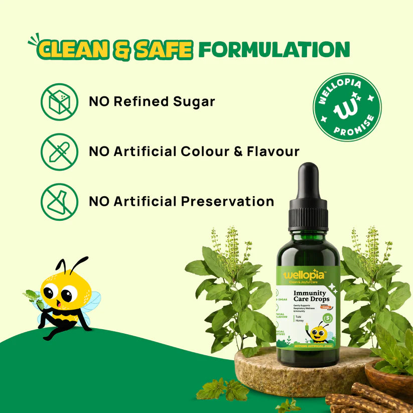 Immunity Care Drops  (Ages 2+)- Made with Panch Tulsi and Honey - No Artificial Preservatives-No Refined Sugar - Natural Flavoured - Wellopia - 30ml