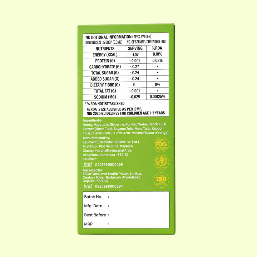 Immunity Care Drops  (Ages 2+)- Made with Panch Tulsi and Honey - No Artificial Preservatives-No Refined Sugar - Natural Flavoured - Wellopia - 30ml