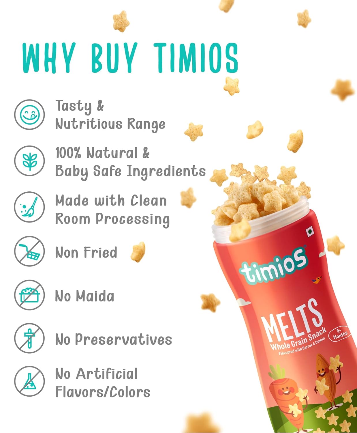 Carrot &amp; Cumin Melts for Babies – Low Sugar &amp;amp; Low Salt - Timios – 50gm