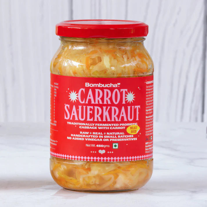 Carrot Sauerkraut | Traditionally Fermented Probiotic Cabbage - With Carrot - Raw - Real - Natural - Vegan, No Added Vinegar & No Added Preservatives - Bombucha - 450gm