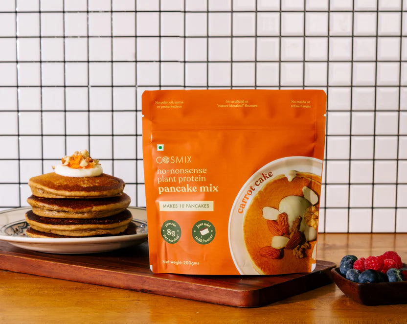 Pancake Mix | Carrot Cake - No Nonsense - Plant Protein Pancake Mix - No Palm Oil, Maida, Gums, No Refined Sugar & No Artificial Flavours - Cosmix - 200gm - Makes 10 Pancakes