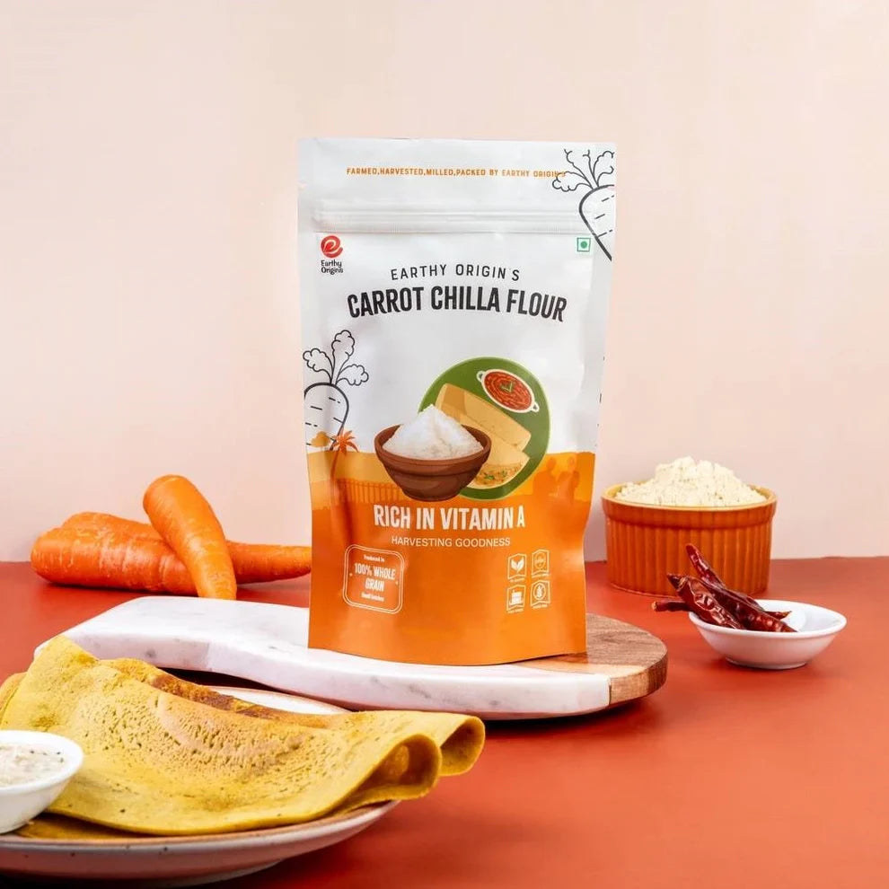 Flour | Carrot Chilla Flour - 100% Whole Grain - Naturally Gluten Free, Preservatives Free, High In Vitamin A - Earthy Origins - 250gm