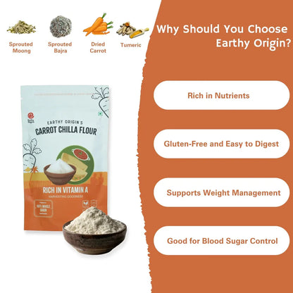 Flour  | Carrot Chilla Flour - 100% Whole Grain - Naturally Gluten Free, Preservatives Free, High In Vitamin A - Earthy Origins - 250gm