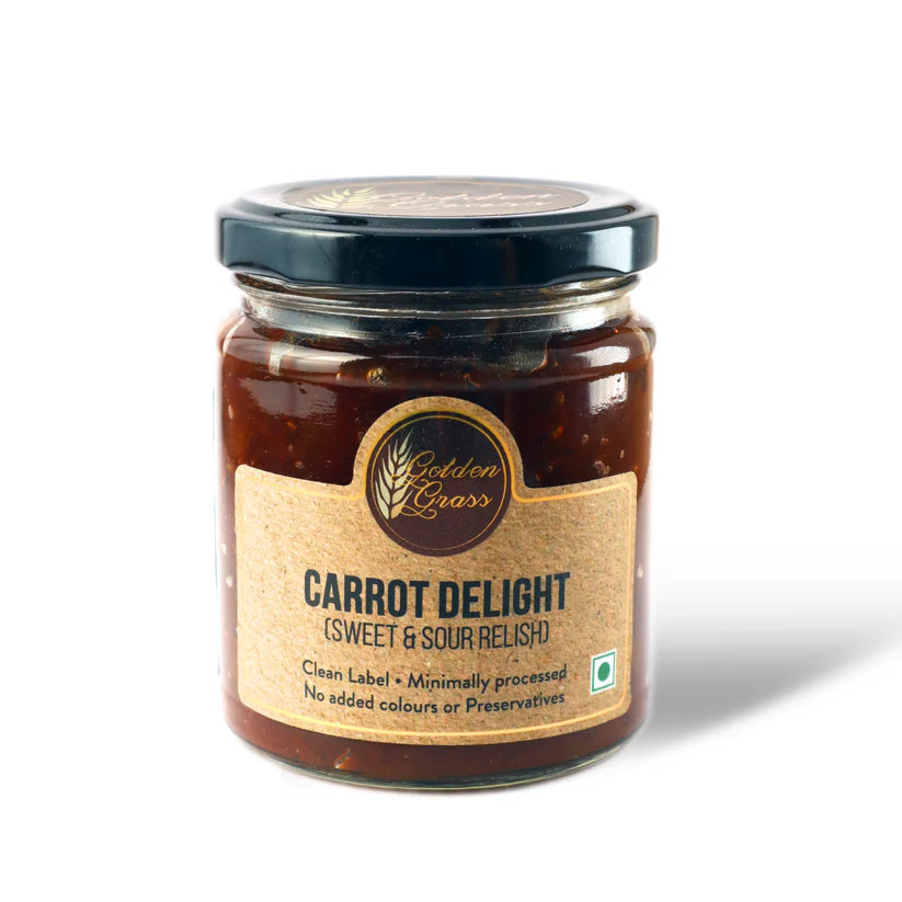 Carrot Delight | (Sweet &amp; Sour Relish) - 100% Natural – Vegan, No Added Colour &amp; No Added Preservatives – Golden Grass – 200gm