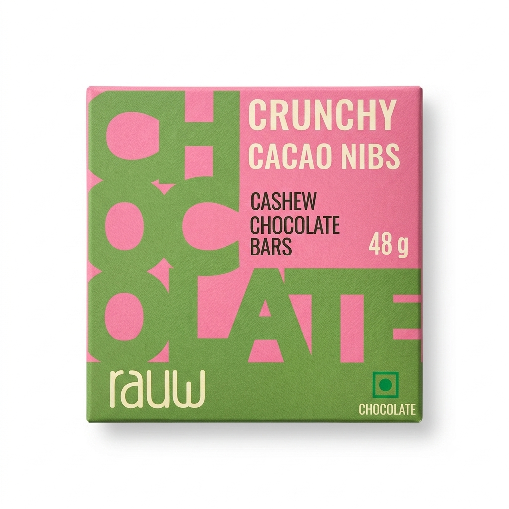 Chocolate | Cashew Chocolate Bars (Crunchy Cacao Nibs)- 100% Plant Based  - No  Preservative, artificial flavors or emulsifiers - Rauw - 48gm
