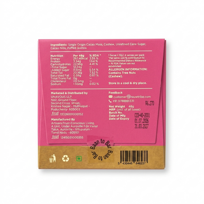 Chocolate | Cashew Chocolate Bars (Crunchy Cacao Nibs)- 100% Plant Based  - No  Preservative, artificial flavors or emulsifiers - Rauw - 48gm