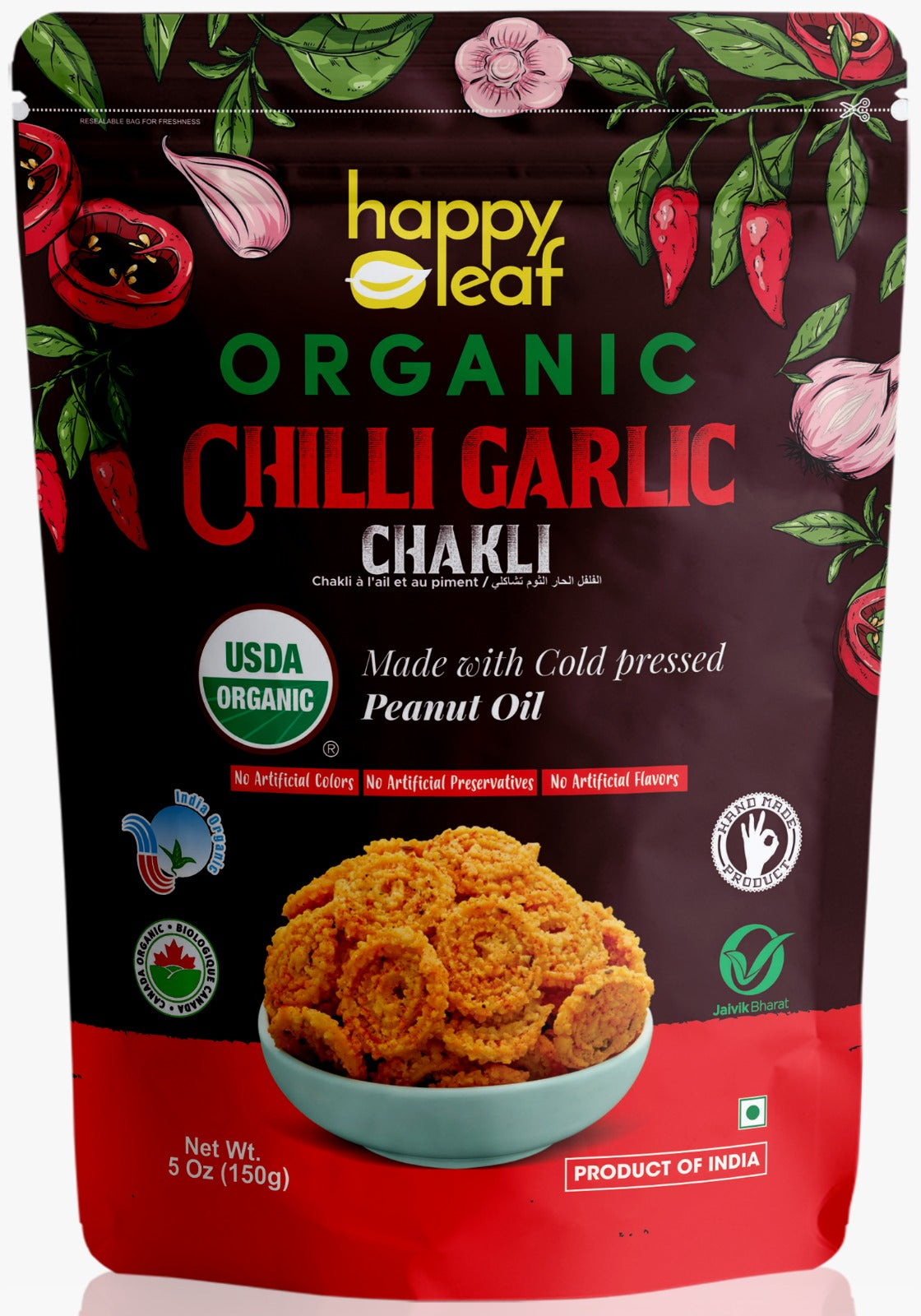 Chakli | Chilli Garlic Chakli (Made With Cold Pressed Peanut Oil) – USDA Organic – No Artificial Color &amp;amp; No Artificial Preservatives – Happy Leaf – 170gm