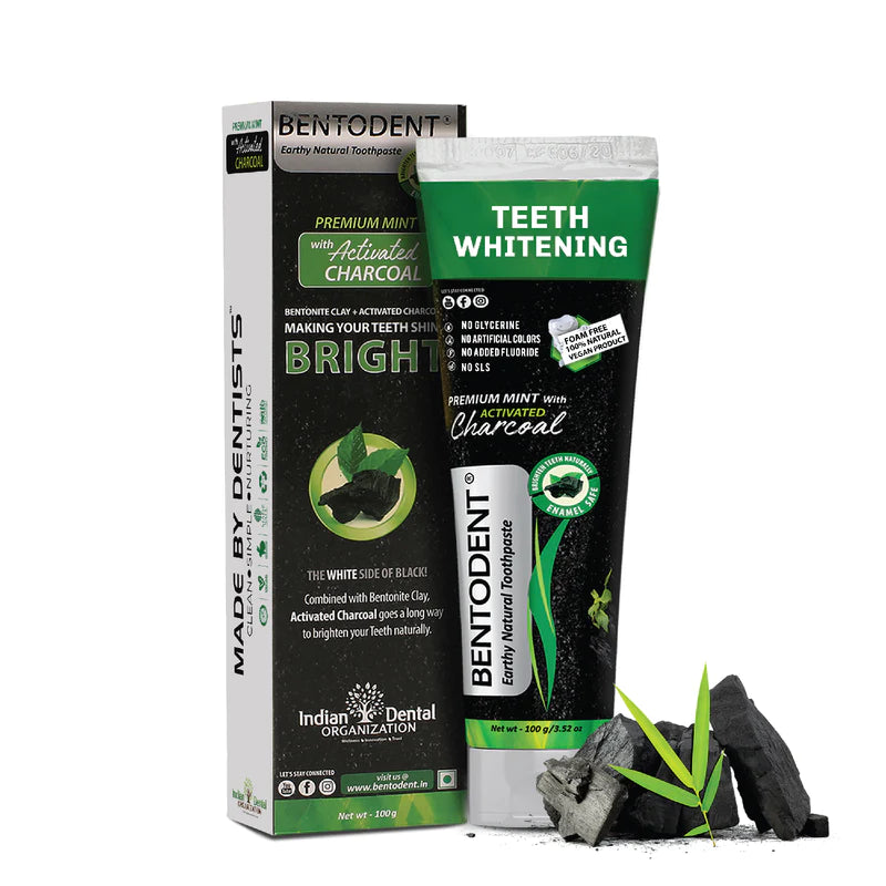 Toothpaste | Charcoal - Teeth Whitening - Vegan, Gluten Free, Glycerin Free, Fluoride Free & No Added Artificial Colors - Bentodent - 100gm