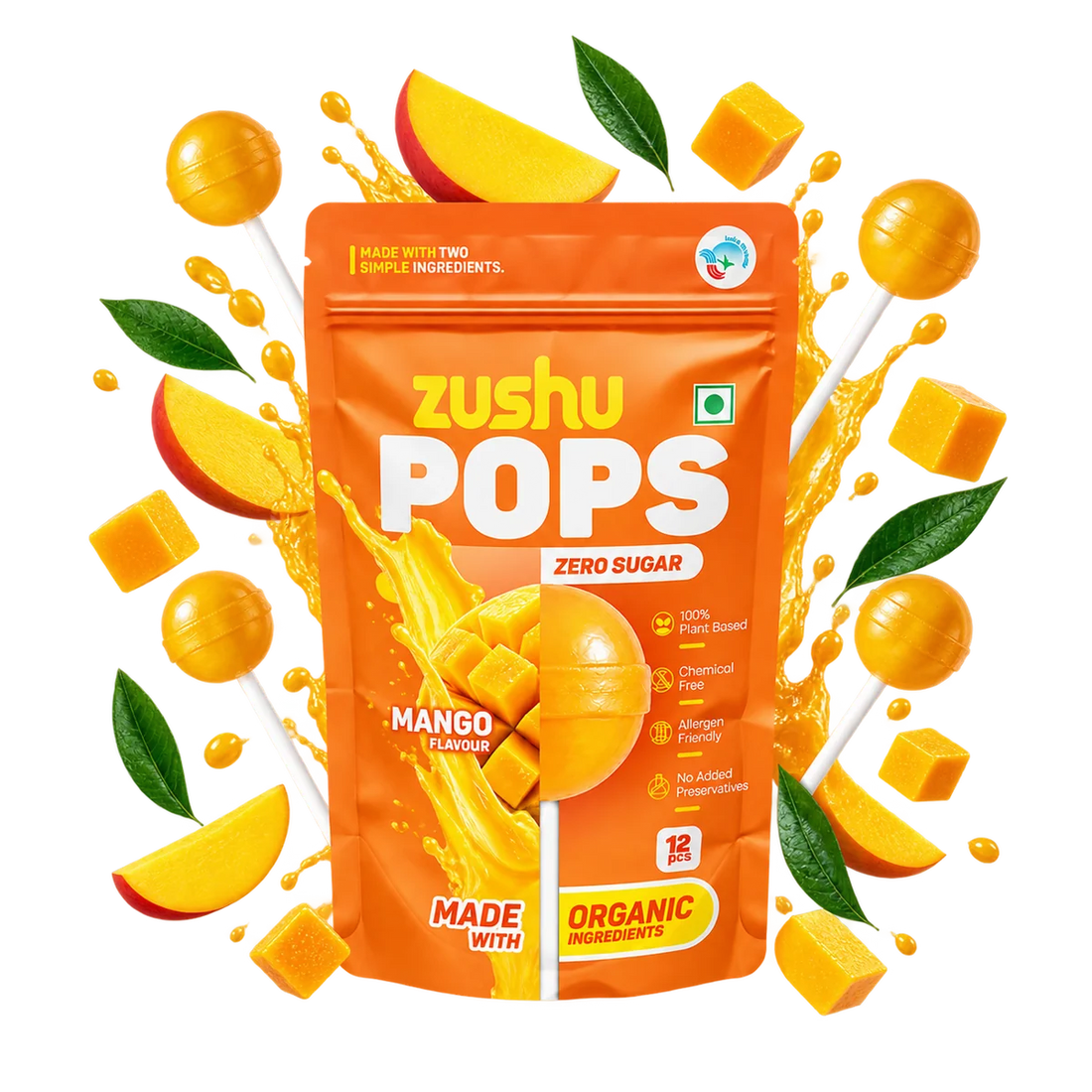Lollipops | Mango Flavour (Zero Sugar) -Vegan- Made With Organic Ingredients - 100% Plant Based , Chemical Free, No Refined Sugar- Zushu - 12Pops - 120gm