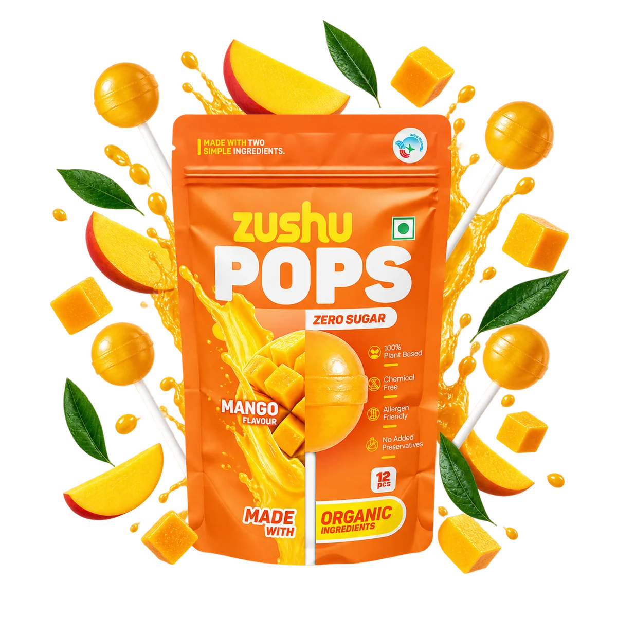 Lollipops | Mango Flavour (Zero Sugar) -Vegan- Made With Organic Ingredients - 100% Plant Based , Chemical Free, No Refined Sugar- Zushu - 12Pops - 120gm