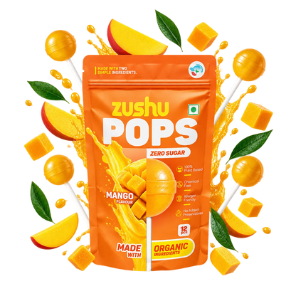 Lollipops | Mango Flavour (Zero Sugar) -Vegan- Made With Organic Ingredients - 100% Plant Based , Chemical Free, No Refined Sugar- Zushu - 12Pops - 120gm