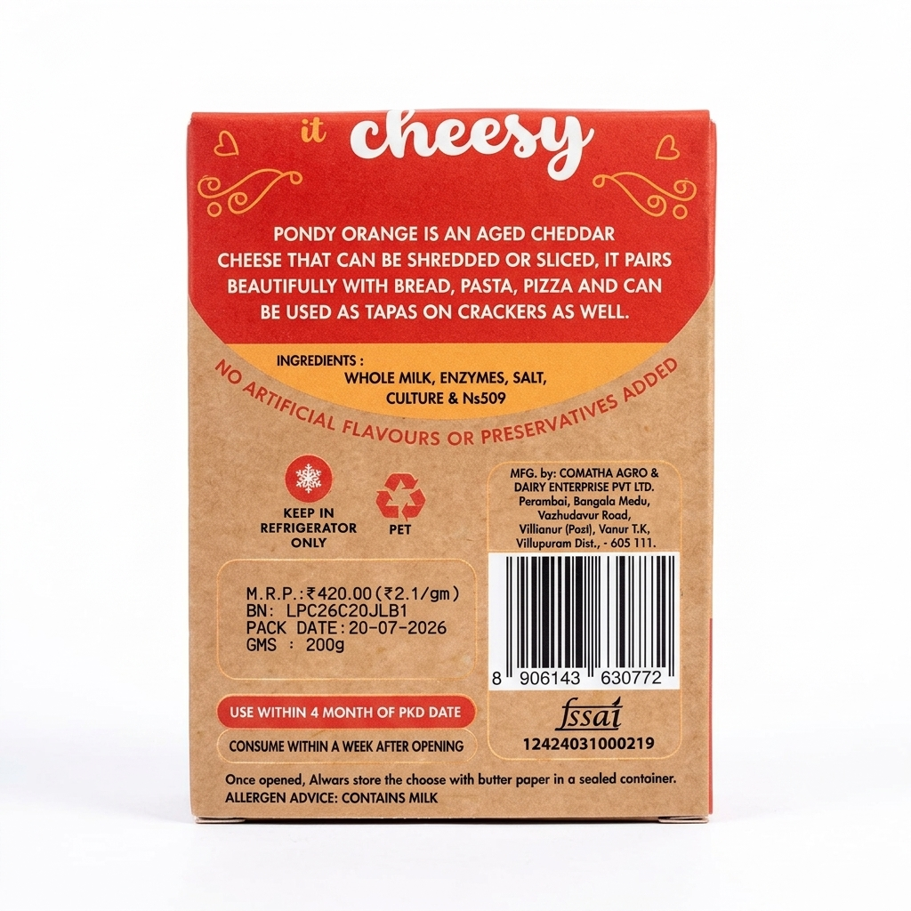 Cheese | Cheddar Cheese -100% vegetarian - Slice and Dice Pondy Orange - Fresh - 5 Months Aged Cheese - No Added Artificial Flavors & No Added Preservatives - Le Pondicherry Cheese – 200gm