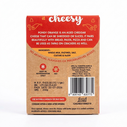 Cheese | Cheddar Cheese -100% vegetarian - Slice and Dice Pondy Orange - Fresh - 5 Months Aged Cheese - No Added Artificial Flavors &amp;amp; No Added Preservatives - Le Pondicherry Cheese – 200gm