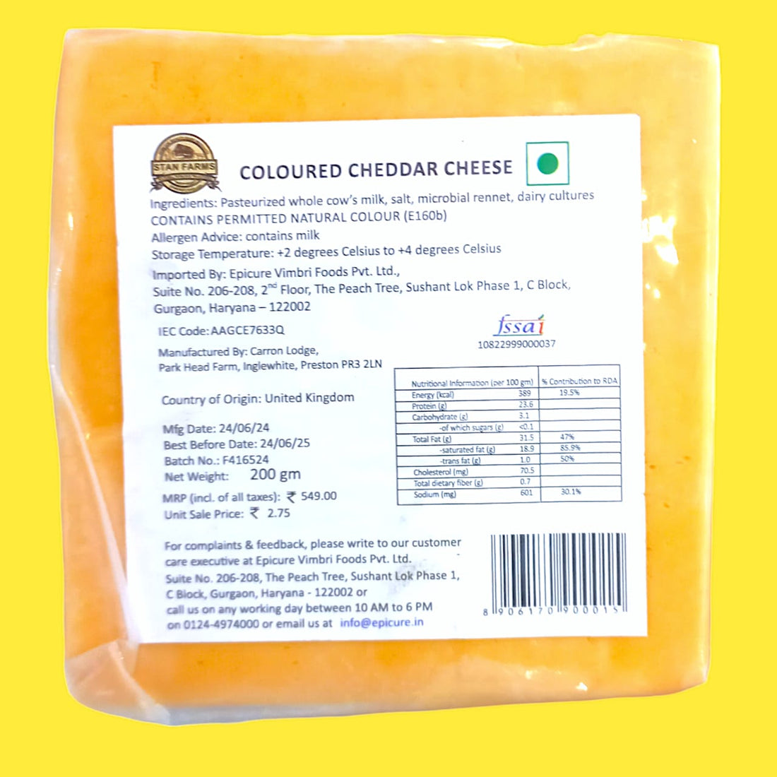 Cheddar Cheese | Coloured Cheddar Cheese (Mild) – No Added Preservatives &amp; No Added Artificial Flavours And Colours – Stan Farms – 200gm