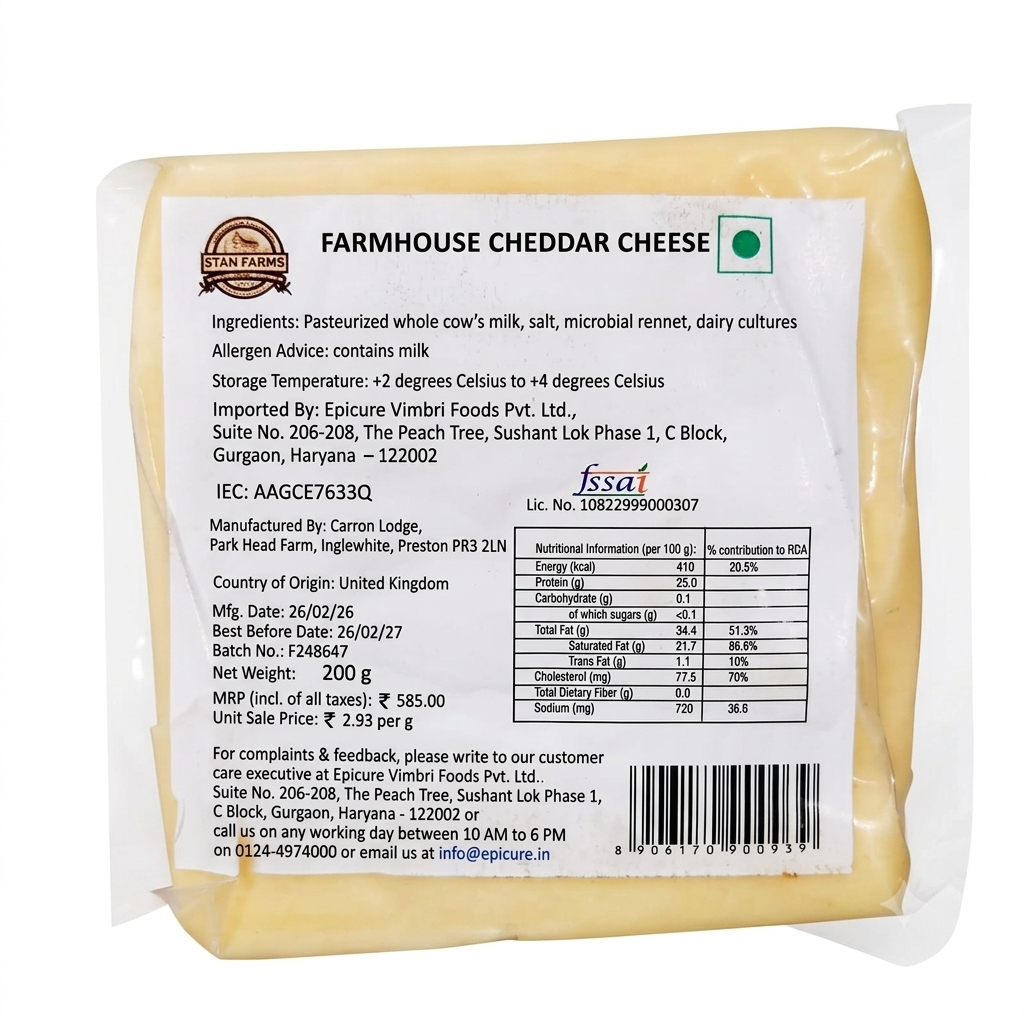 Cheddar Cheese  -Pasteurized - Natural Farming Traditions - Stan Farms - 200gm