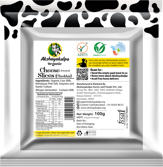 Cheddar Cheese | 4 Slices – Organic – Indian – Rich In Protein – Akshayakalpa Organic – 100gm