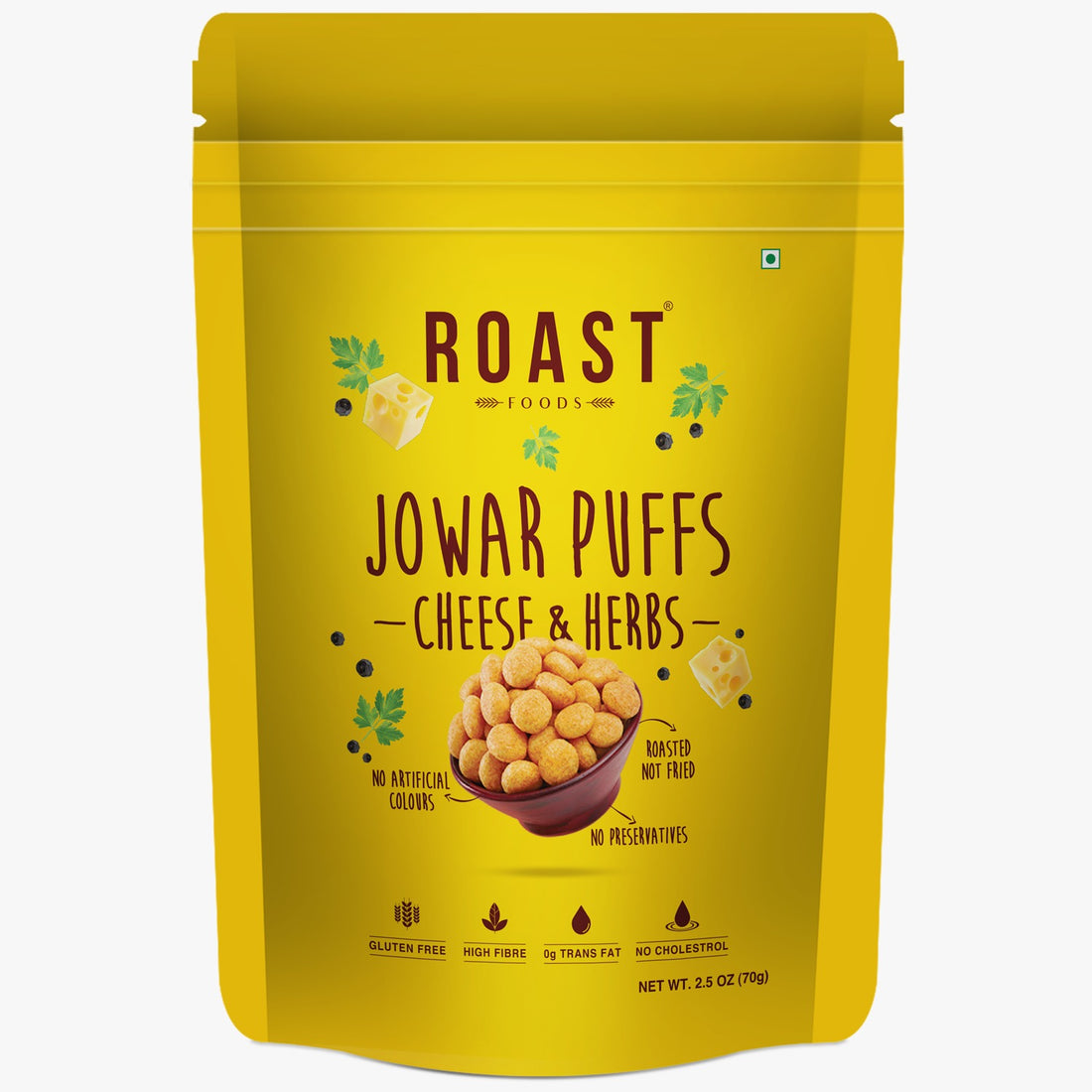 Jowar Puff | (Cheese &amp; Herb) - Roasted - Not Fried - Gluten Free, High In Fibre, No Artificial Colour, Trans Fat Free, Cholesterol Free &amp; No Added Preservatives - ROAST FOODS - 70gm