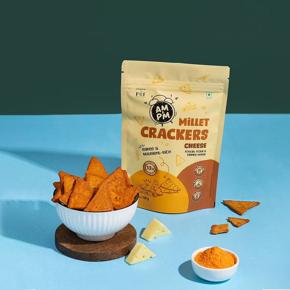 Millet Cracker | Cheese Millet Cracker - 13g Protein - Baked - No Palm Oil, Preservatives Free &amp; No Maida - Faith Foods - 100gm