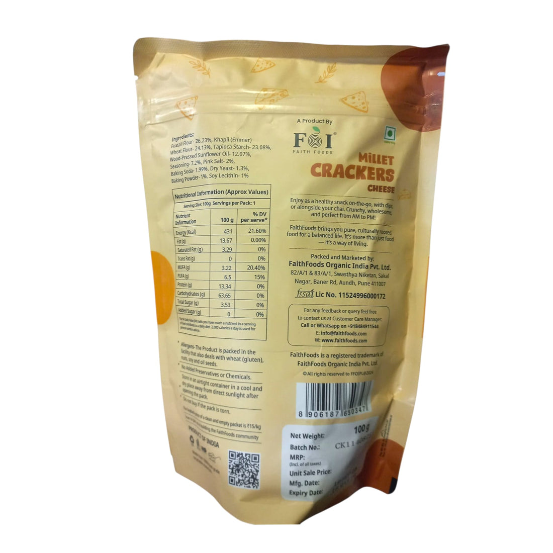 Millet Cracker | Cheese Millet Cracker - 13g Protein - Baked - No Palm Oil, Preservatives Free &amp; No Maida - Faith Foods - 100gm