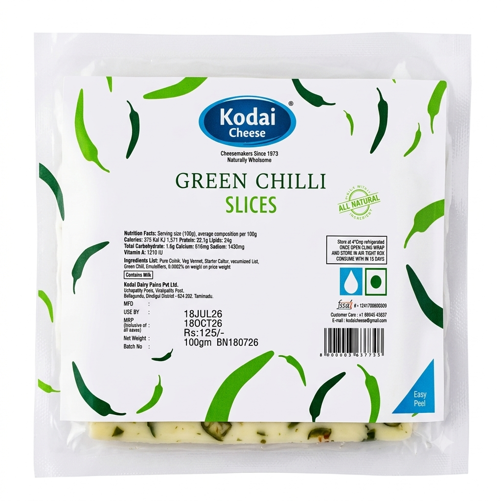 Cheese |Green Chilli Slices Cheese  -100% Natural – Pasteurized - Kodai – 100gm
