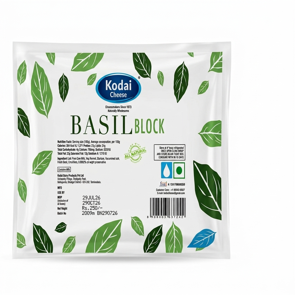 Cheese | Basil Block Cheese -Natural-No Preservatives- Kodai - 200gm