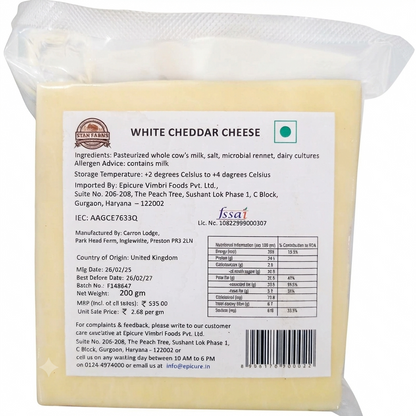 Mild Cheddar Cheese (White Cheddar Cheese)   -Pasteurized - Natural Farming Traditions - Stan Farms - 200gm