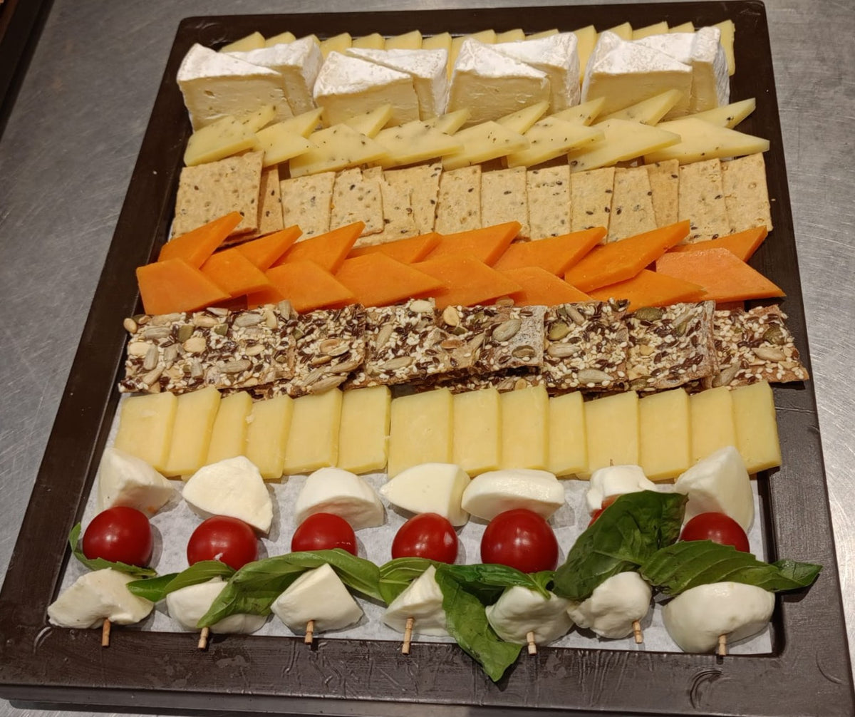 Cheese &amp; Cracker Board (Veg)  -Artisanal Wooden Platter with Gourmet Cheeses &amp; Caprese Skewers- Made with Organic Ingredients - No preservatives - Natural Ingredients - Serves 4 to 5 People