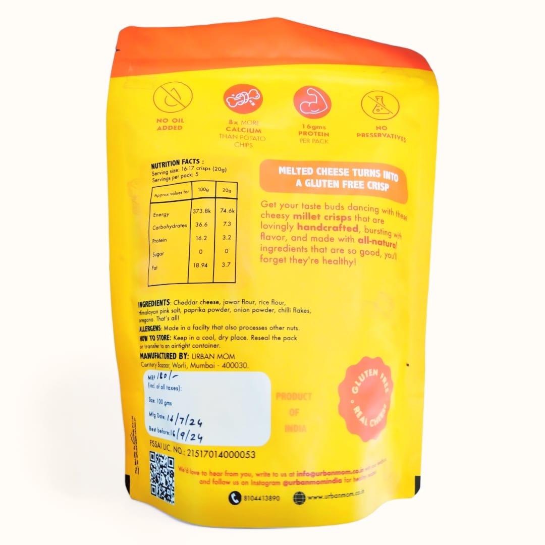 Millet Cracker | Cheesy Crisps (With Real) - Snackers - 16gm Protein - Baked - Gluten Free, No Maida, Refined Sugar, Added Oil &amp;amp; No Added Preservatives - Urban Mom - 100gm