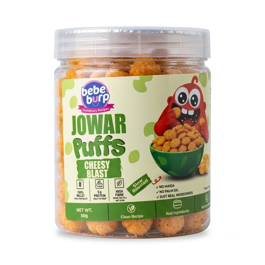 Puffs | Cheesy Blast Jowar Puffs Snack – Gluten Free, Cholesterol Free, No Added Preservatives &amp;amp; No Trans Fat – Bebe Burp – 50gm