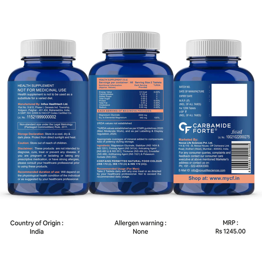 Chelated Magnesium Glycinate | Maginova - Supports Muscles Recovery And Sleep - 100% Vegetarian - Gluten Free, Non GMO, Dairy Free, Soy Free &amp;amp; Paraben Free - Carbamide Forte - (2000mg) - 120 Tablets