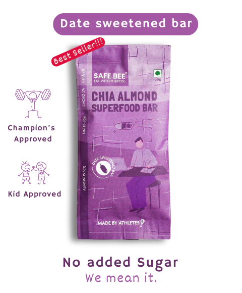 Bar | Chia Almond Whole food Bar - (Sweetened With Dates) – For Athlete - Vegan, Gluten Free, No Added Sugar, Emulsifiers &amp;amp; No Added Stabilizers - Safe Bee - 40gm