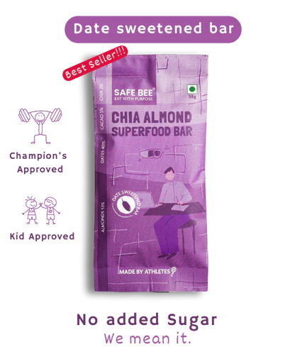 Bar | Chia Almond Whole food Bar - (Sweetened With Dates) – For Athlete - Vegan, Gluten Free, No Added Sugar, Emulsifiers &amp;amp; No Added Stabilizers - Safe Bee - 40gm