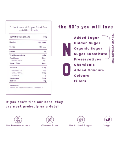 Bar | Chia Almond Whole food Bar - (Sweetened With Dates) – For Athlete - Vegan, Gluten Free, No Added Sugar, Emulsifiers &amp;amp; No Added Stabilizers - Safe Bee - 40gm