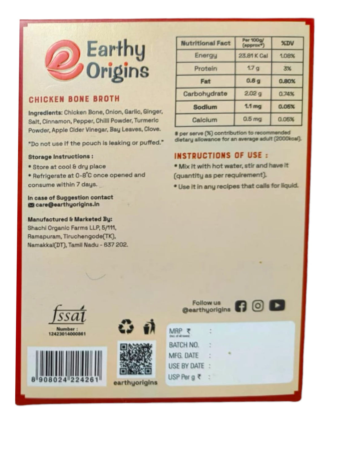 Chicken Bone Broth | Free Range Chicken - Classic Instant Beverage Mix - 4.25gm Protein - 14Hr Simmer - Natural Collagen - Drink, Glow, Thrive - Non GMO Certified – Grass Fed – No Antibiotics And Hormone Free - Earthy Origins - 200ml