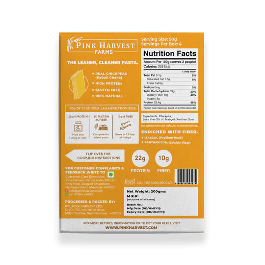 Pasta | Chickpea Lasagne - Natural - Indian – Vegan, Gluten Free, High Protein, Enriched With Added Fiber, No Wheat &amp;amp; No Rice – Pink Harvest Farms – 200gm