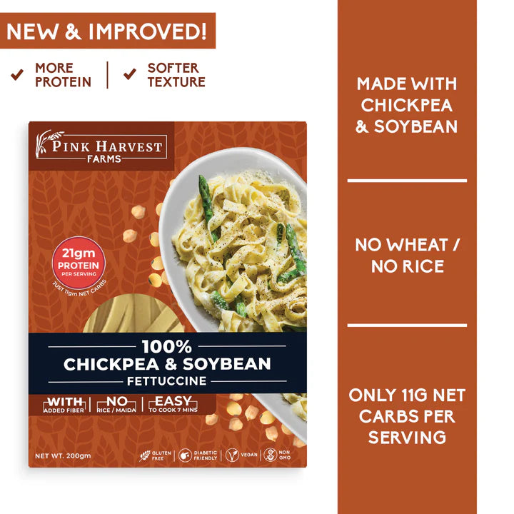 100% Chickpea & Soybean Fettuccine Noodles – Vegan, Gluten Free, Sugar Free, Keto Friendly, No Wheat & No Rice – Pink Harvest Farms – 200gm