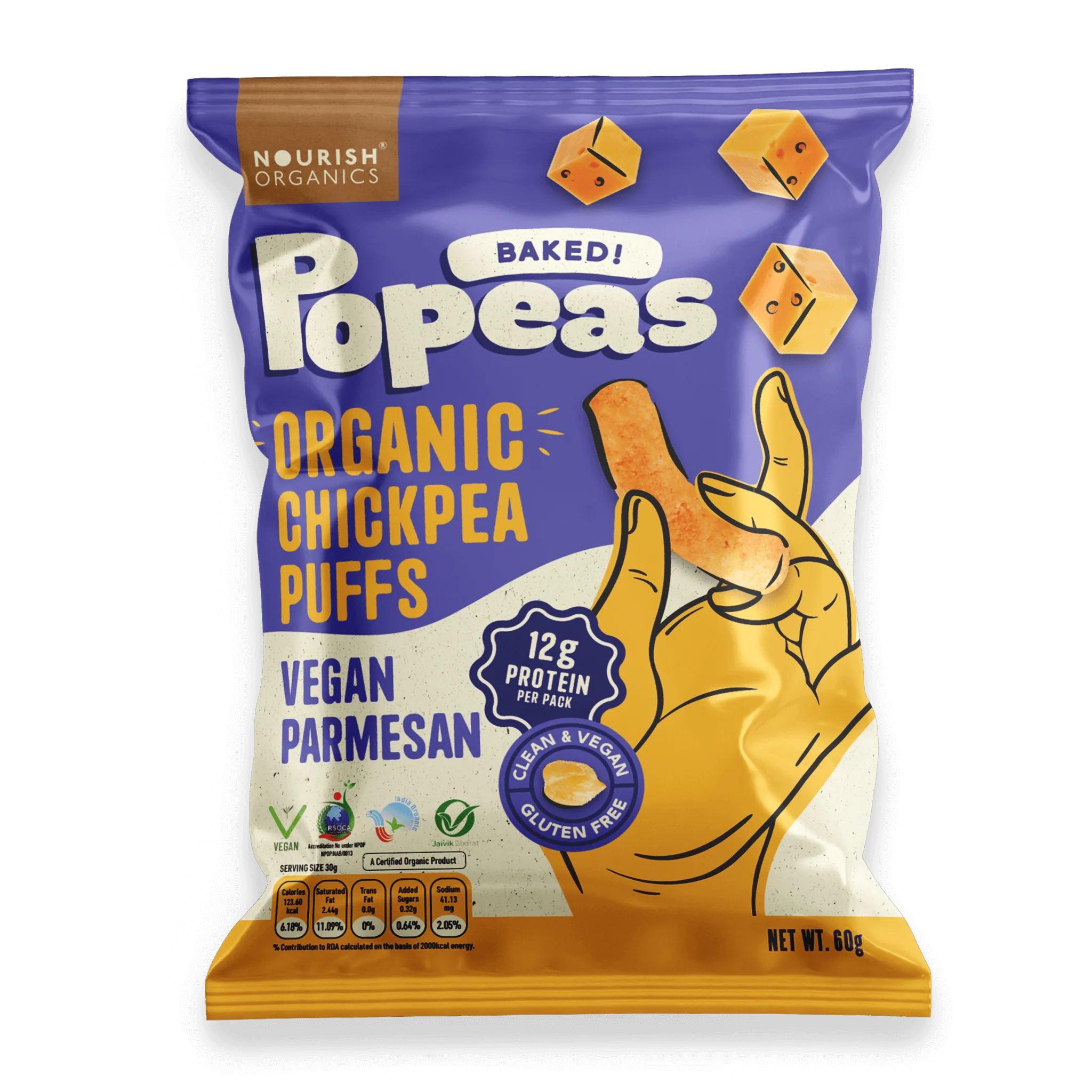 Chickpeas Puffs | Popeas (Baked) - Vegan Parmesan - 12gm Protein - Crunchy &amp;amp; Creamy With A Light Airy Texture - Organic - Gluten Free - Nourish Organics - 60gm