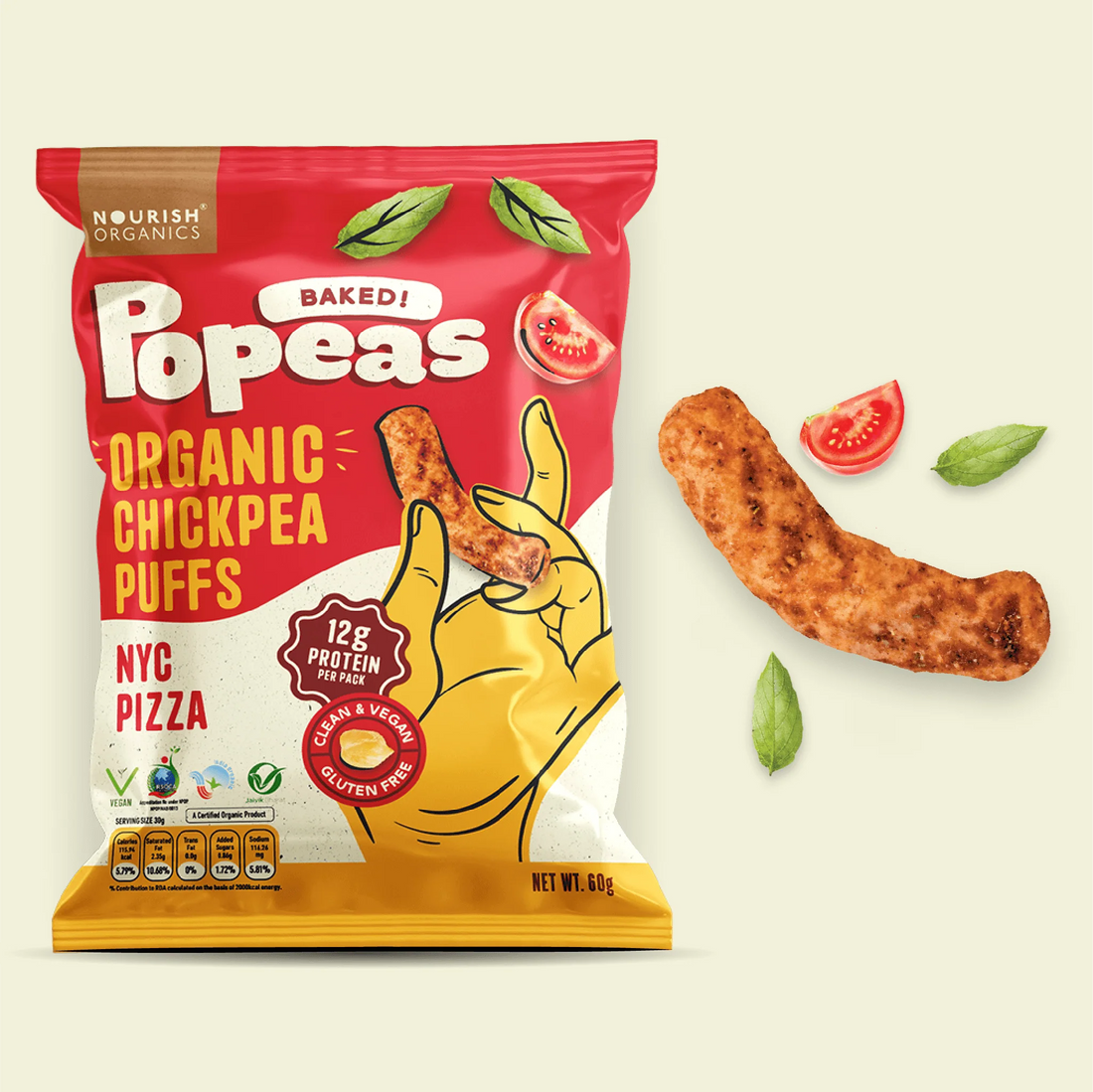 Chickpeas Puffs | Popeas (Baked) – Nyc Pizza - 12gm Protein – Crispy & Crunchy – Organic – Vegan & Gluten Free – Nourish Organics – 60gm