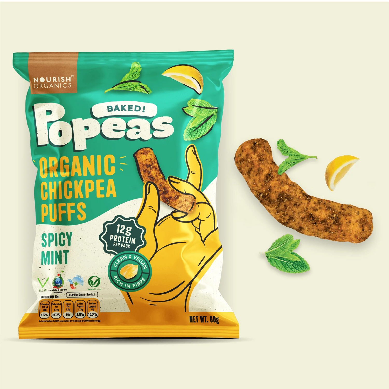 Chickpeas Puffs | Popeas (Baked) - Spicy Mint - 12gm Protein - Organic - Vegan &amp; Gluten Free - Nourish Organics - 60gm