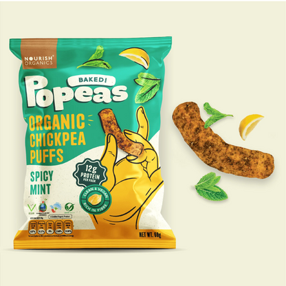 Chickpeas Puffs | Popeas (Baked) - Spicy Mint - 12gm Protein - Organic - Vegan &amp; Gluten Free - Nourish Organics - 60gm