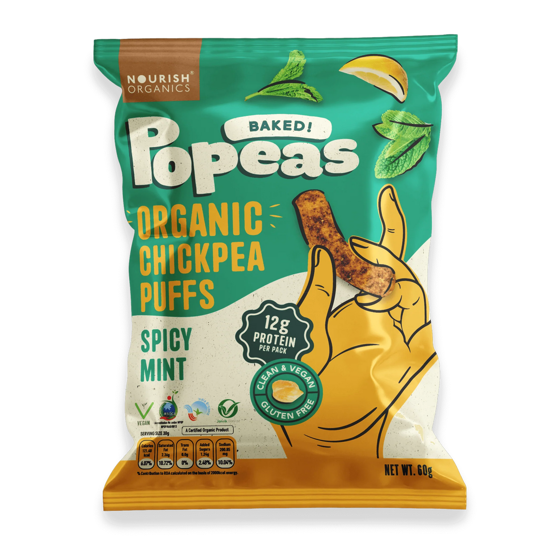 Chickpeas Puffs | Popeas (Baked) - Spicy Mint - 12gm Protein - Organic - Vegan & Gluten Free - Nourish Organics - 60gm