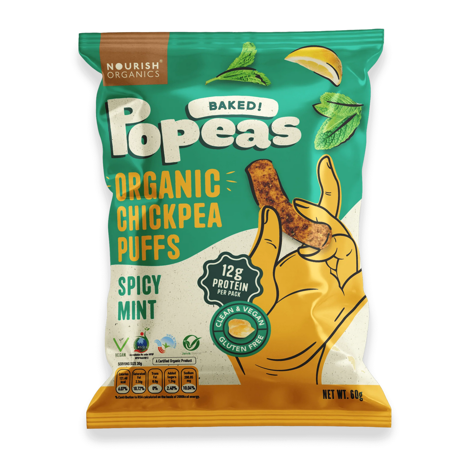 Chickpeas Puffs | Popeas (Baked) - Spicy Mint - 12gm Protein - Organic - Vegan &amp; Gluten Free - Nourish Organics - 60gm